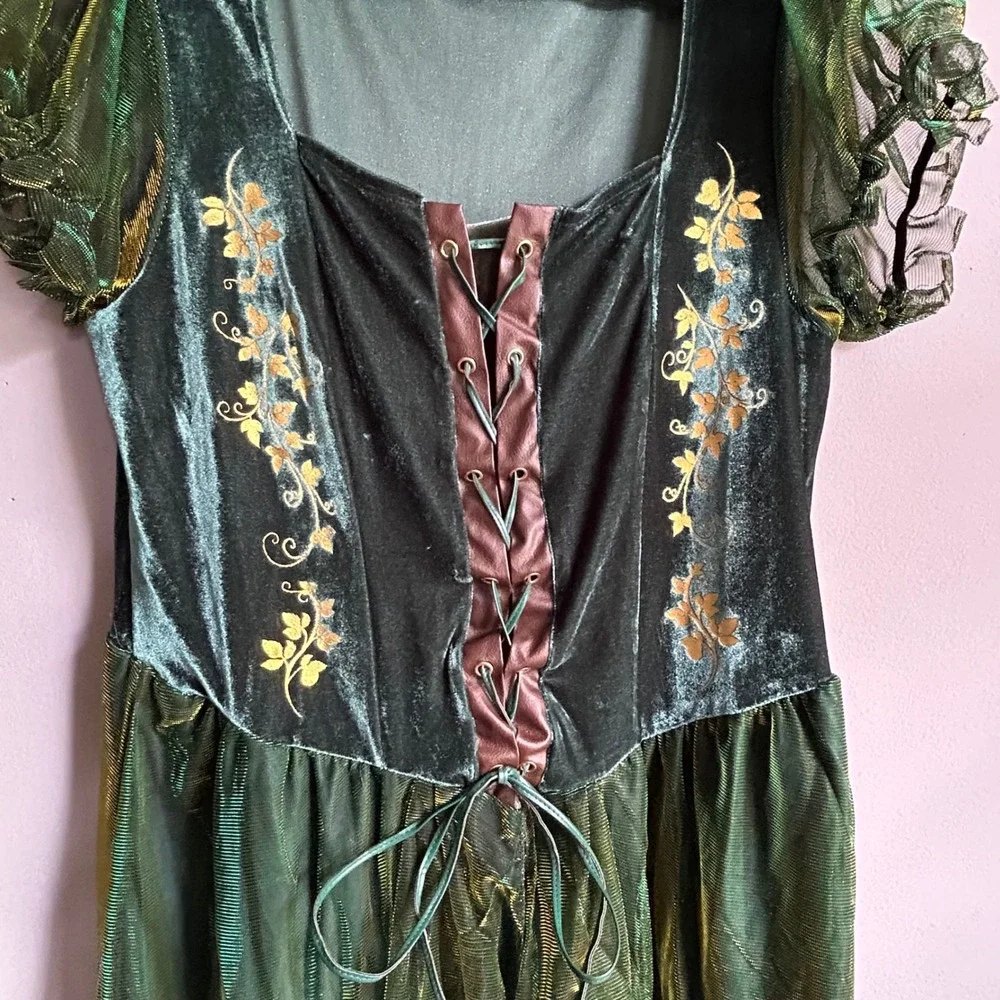 Spirit Halloween Green Renaissance Fairy Costume Dress XL Velvet Iridescent Mesh - Picture 6 of 10